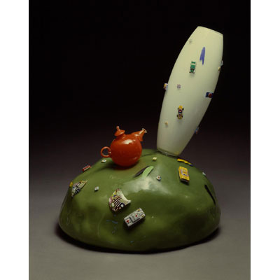 Green Rock, White Vase, Red Teapot